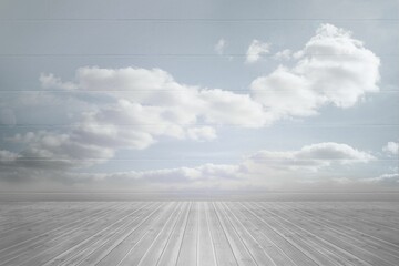 Flat design gray wooden plank platform is extending toward horizon under pale blue sky with clouds