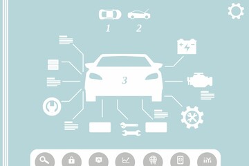 White car silhouette is showing flat diagnostics dashboard connecting battery engine gear icons