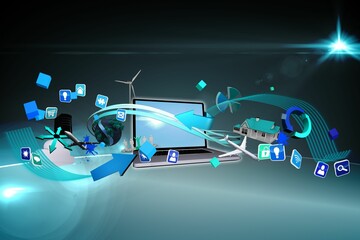 Laptop is featuring blue green streamlines, turbine and globe models, 3D icons in flat design