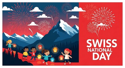 Celebrating Swiss National Day Children with Lanterns and Fireworks over Mountains