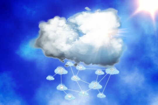 Realistic cumulus cloud is floating in flat design, showing cloud computing with Wi-Fi lock icons - Powered by Adobe