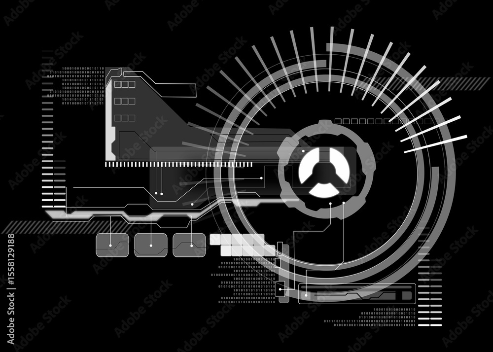 Poster displaying monochrome hud featuring rotating gear-like gauge, linking nodes, streaming binary code