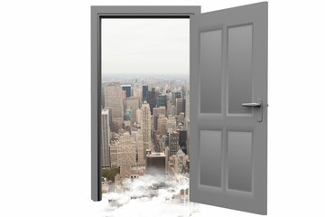 Cityscape against sky seen from open door