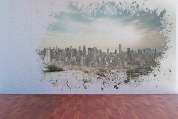 City skyline mural is showing in flat design on white plaster wall, featuring wood parquet floor