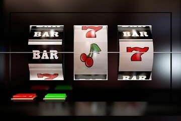 Close up slot machine showing cherry icons and text