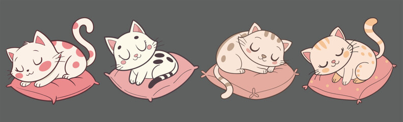 Adorable cartoon cats peacefully sleeping on pillows vector.
