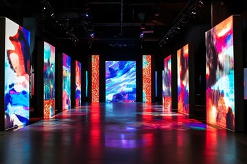 Futuristic exhibition space displaying abstract digital artwork on large illuminated vertical display panels creating a vibrant atmosphere