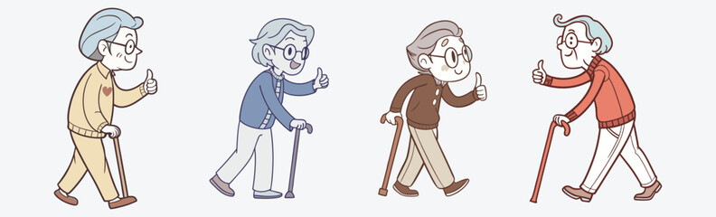 Smiling elderly men with canes in casual outfits, I old men walking simple flat design vector.