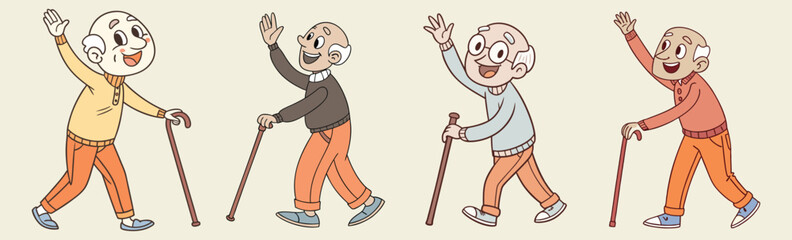 Fototapeta premium Smiling elderly men with canes in casual outfits, I old men walking simple flat design vector.