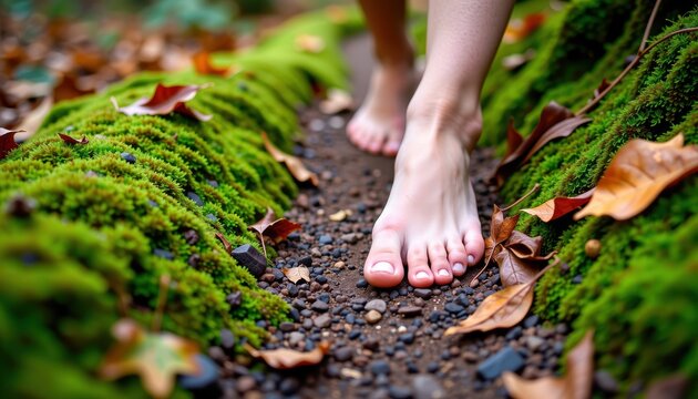 Bare feet walking on a moss-covered path with fallen autumn leaves in a natural, serene forest setting.