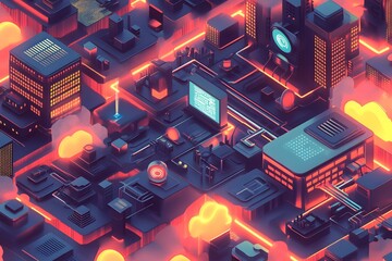 Futuristic isometric city with data processing glowing orange lines and digital screens in a tech environment