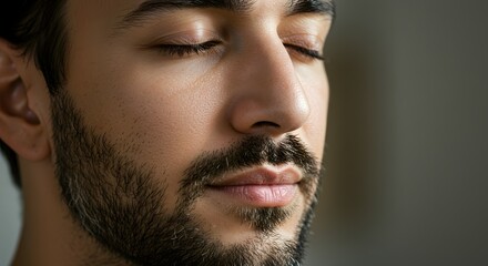 Man's serene moment A close-up portrait capturing a moment of introspection, tranquility, and inner peace, with eyes closed