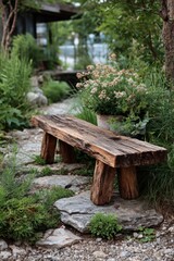 Obraz premium Rustic wooden bench in garden setting (1)