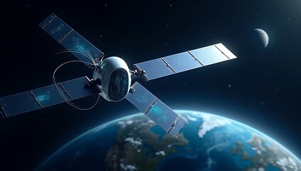 Fototapeta premium An AI-powered satellite orbiting Earth sends emotional status reports to humanity, reflecting on its own consciousness and purpose in the cosmos.