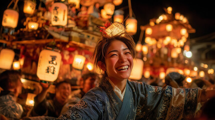 Joyful Woman at Kanto Matsuri Festival Smiling Among Lanterns and Traditional Japanese Celebration at Night