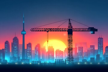 City skyline with crane at sunset