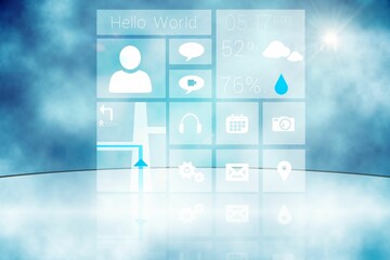 Translucent UI panels are floating above glass floor with icons and text against blue mist backdrop