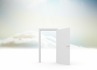 Minimalist flat design is showing white door standing open on endless plane, revealing pale clouds