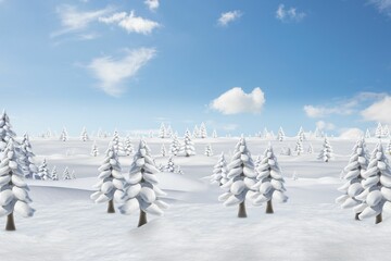 Three central conifer trees are standing in flat design snowy hills under bright blue sky