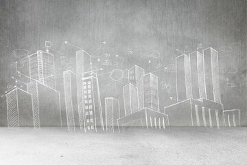 White chalk line drawing of city skyline is spanning grey concrete wall, showing arrows and circles