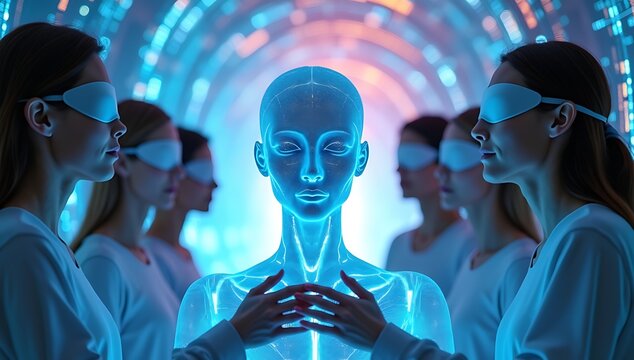 A holographic AI guide leads a group of blindfolded humans through a glowing tunnel of data streams, symbolizing trust in artificial guidance during a technological paradigm shift.