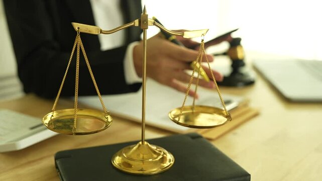 Lawyer sitting at desk in modern office reviewing and signing legal documents related to finance, equity and contractual agreements in business law.
