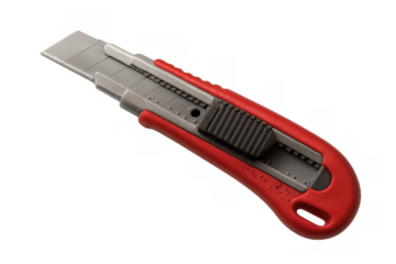 Retractable red utility knife displaying sharp cutting edge, positioned against clean transparent background