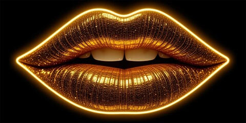 neon outline gold lips with lipstick on black background.