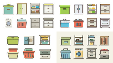 Flat vector icons of cabinets, drawers, laundry baskets, and home storage furniture&mdash;perfect for organization, interior, or home design visuals.

