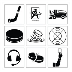 Hockey Sport Pictogram Collection Showing Stick Puck Player Ice Resurfacer Penalty And Equipment In Black And White