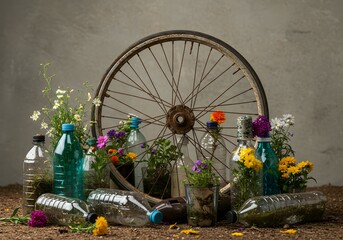 Upcycled Garden Art Bicycle Wheel Planter and Plastic Bottle Flowers, Sustainable Decor and Eco-Friendly Gardening Idea for Home and Creative Hobby
