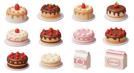 Colorful cakes and milk carton illustration collection