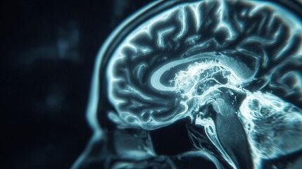 Close-up of neurological MRI scan showing white matter lesions, representing multiple sclerosis diagnosis and brain disease research, medical concept with copy space.