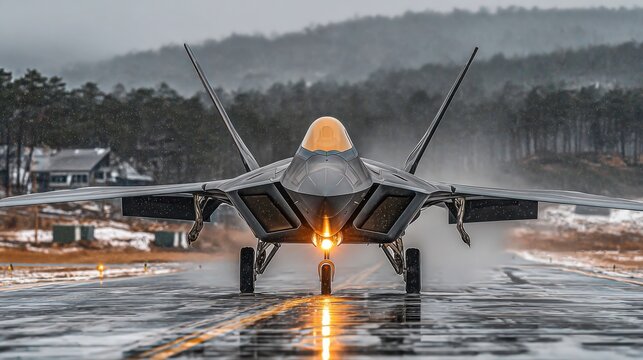 A sleek military fighter jet with distinctive wings is poised for takeoff on a wet runway. Rain is falling, creating mist and highlighting the aircraft's shiny surface amidst the surrounding hills.