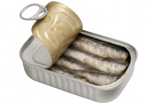 Metallic tin revealing silvery sardines, preserved in oil, displaying dense nutrition and briny maritime essence against clear backdrop