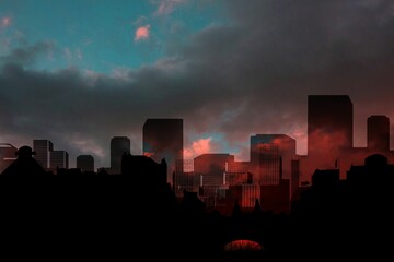 Silhouetted city skyline is spanning dusky sky in flat design, featuring glowing red horizon orb
