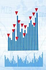 Infographic is showing blue bar chart with red inverted markers, small chart on world map grid