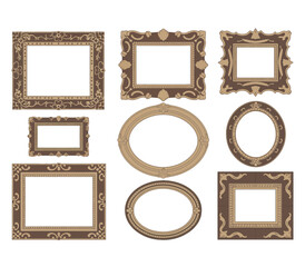 Collection of vintage wooden picture frames. Mirror, portrait icon or symbol. Vector illustration