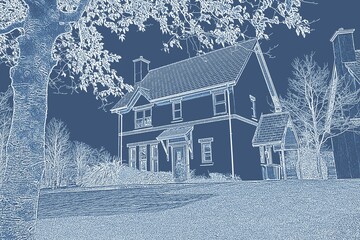 Pretty house with a blue and white filter