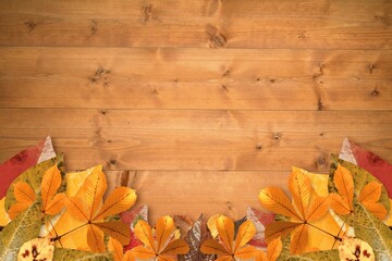 Rustic flat design is showing wooden plank surface with fallen autumn leaves border, copy space