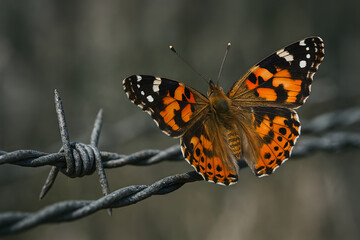 Obraz premium Intricate Butterfly Perched on Barbed Wire Against a Blurred Background Showcasing the Contrast Between Nature and Man-Made Restraints