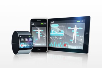 Futuristic wrist watch with tablet and smartphone