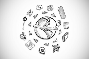 Doodle-style globe is featuring airplane flying amid paper planes circling travel icons on gradient