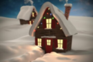 Small cabin glowing, string lights hanging and shutters, smoke rising amid snow and second cabin