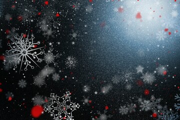 Intricate snowflake pattern is floating over dark starry gradient in flat design with red bokeh