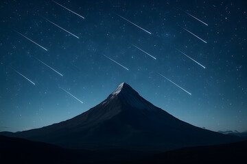 Celestial Mountain Serenity Under Starry Sky with Meteor Shower Enhancing Tranquil Landscape in Nighttime View