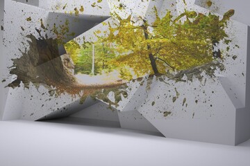 CG render showing angular white geometric sculpture displaying autumn forest cutout, leaf splatter