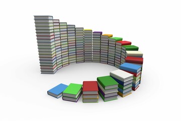 Colorful hardcover book stacks are forming semicircular arch on white background, copy space