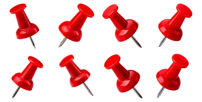 Collection of Bright Red Push Pins on Transparent Background, Isolated on Transparent, white background