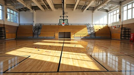 Bright and spacious indoor basketball court with polished wooden floor and natural light - Powered by Adobe